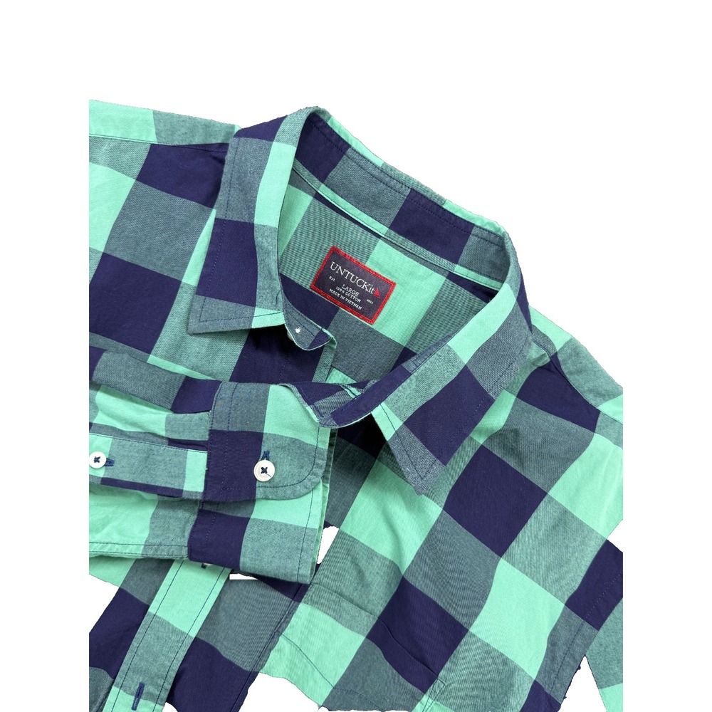 UNTUCKit Mens Large Green Navy Plaid Long Sleeve Button Down Shirt Modern Fit